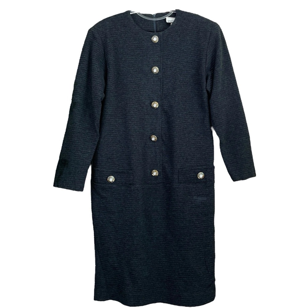 Vtg Sheri Martin Ribbed Knit Buttoned Sweater Dress Dark Gray Black Size 6